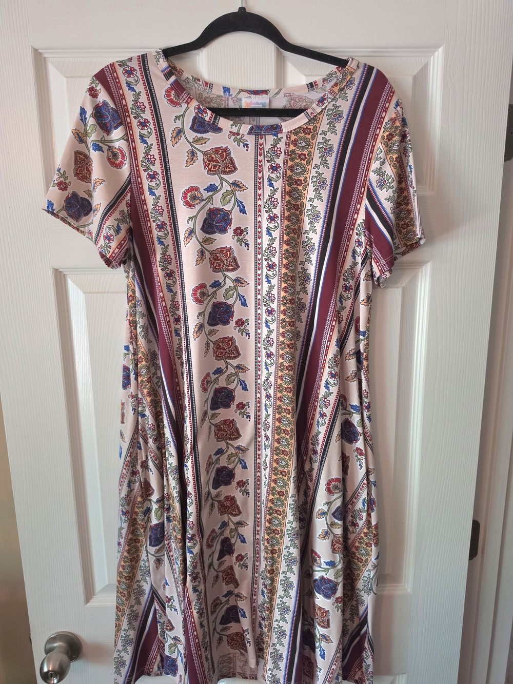 LuLaRoe Short-Sleeve Swing Dress in Cream, Burgundy and Blue